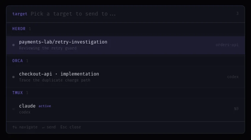 The Sendoff target picker listing available terminal sessions