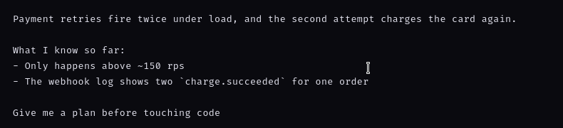 The Sendoff editor holding the complete seven-line prompt about payment retries, blank lines and the backticked identifier intact